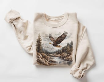 Retro Bald Eagle River Scene Sweatshirt - 90s Birds Of Prey Forest Nature Outfit - Boho Unisex Crewneck Sweatshirt