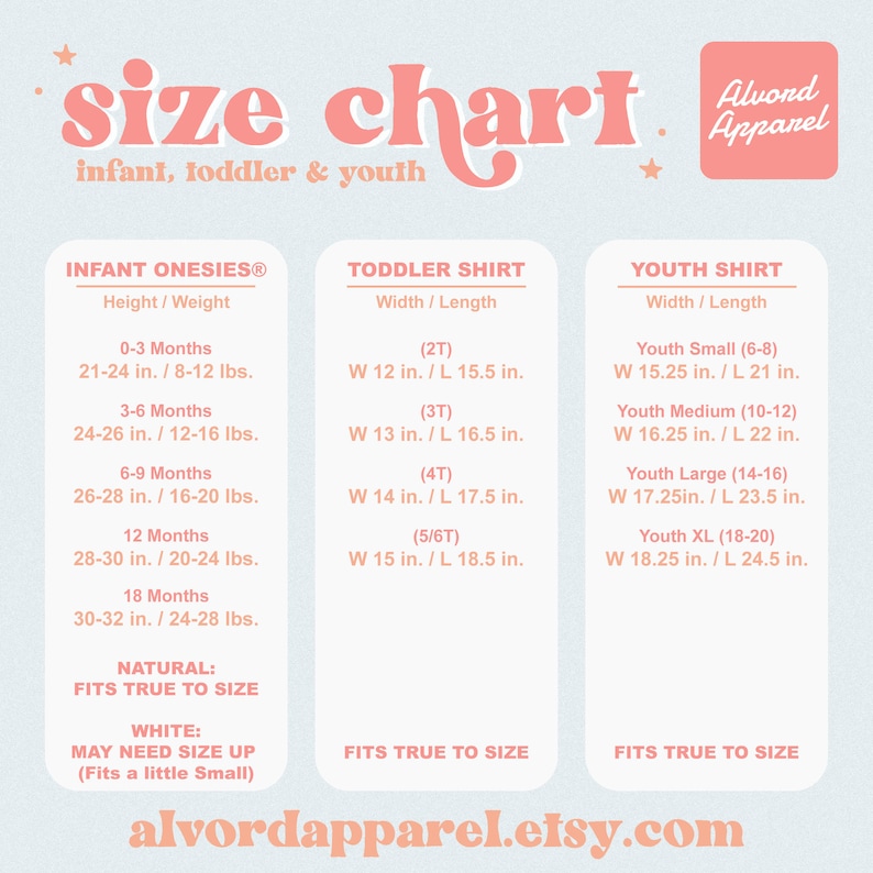 Puede incluir: Tabla de tallas para ropa de beb&eacute;, ni&ntilde;o peque&ntilde;o y joven. La tabla incluye medidas para bodies, camisetas de ni&ntilde;o peque&ntilde;o y camisetas de joven. Tambi&eacute;n est&aacute;n presentes el logotipo de Alvord Apparel y la URL de la tienda Etsy.