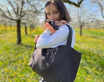 MINI Reversible TOTE bag "Prunus flowers" Black schist linen/Silver