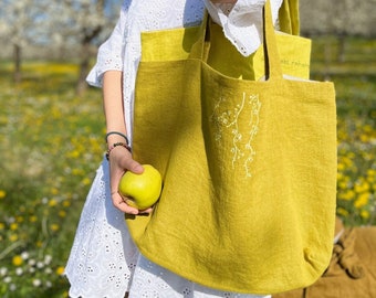 MINI CITRINE TOTE "Prunus Flowers" Yellow Linen Reversible Citrine Silver Linen