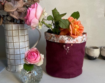 ROUND FLOWERPOT MALA "Prunus flowers" wine-colored linen and floral cotton gas