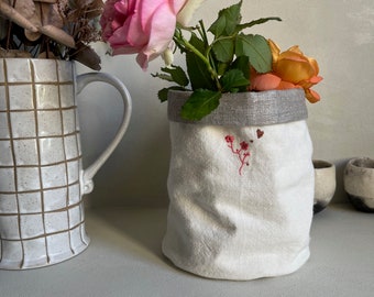 ROUND FLOWERPOT MALA "Prunus flowers" white sand linen and silver linen