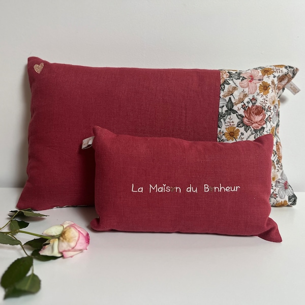 Housse de coussin 50x30 "Coeur" Lin Rouge cerise/gaz fleuri