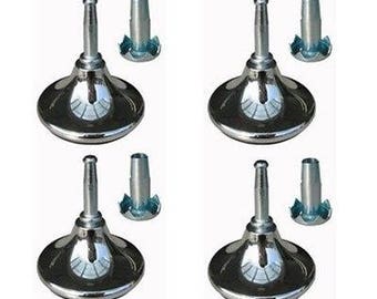 8 x Chrome Look Feet Leg Glides Castors  & Inserts -Glides For Divan Bed Sofa Settee Chair Wheels