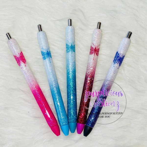 Dragonfly Mandala Ombre Glitter Pen Custom || InkJoy Glitter Pen || Refillable Gel Pen || Personalized Custom Gifts