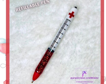 Nurse Syringe Red Inspired Glitter Refillable Pen || Personalized Custom Gifts || Doctor Medical
