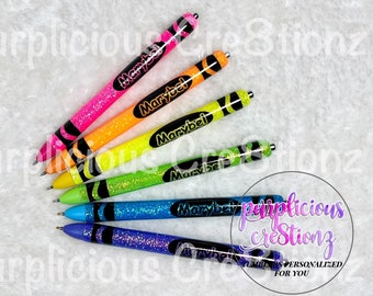 Neon CRAYON Glitter Pen || InkJoy Glitter Pen || Refillable Gel Pen || Personalized Custom Gifts || Teacher Glitter Pen