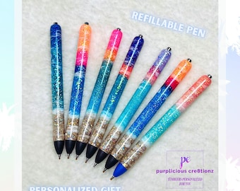 Beach Life Sunset Glitter Refillable Gel Pen | Personalized Gift Beach Vibe Summertime Tropical