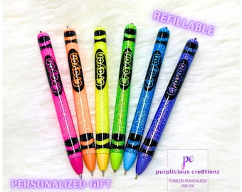 Neon CRAYON Inspired Glitter Pen || InkJoy Glitter Pen || Refillable Gel Pen || Personalized Gift || Teacher Glitter Pen