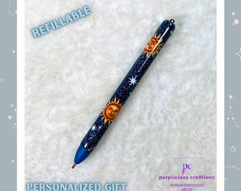 SUN MOON STARS Glitter Pen Custom || InkJoy Glitter Pen || Refillable Gel Pen || Personalized Custom Gifts
