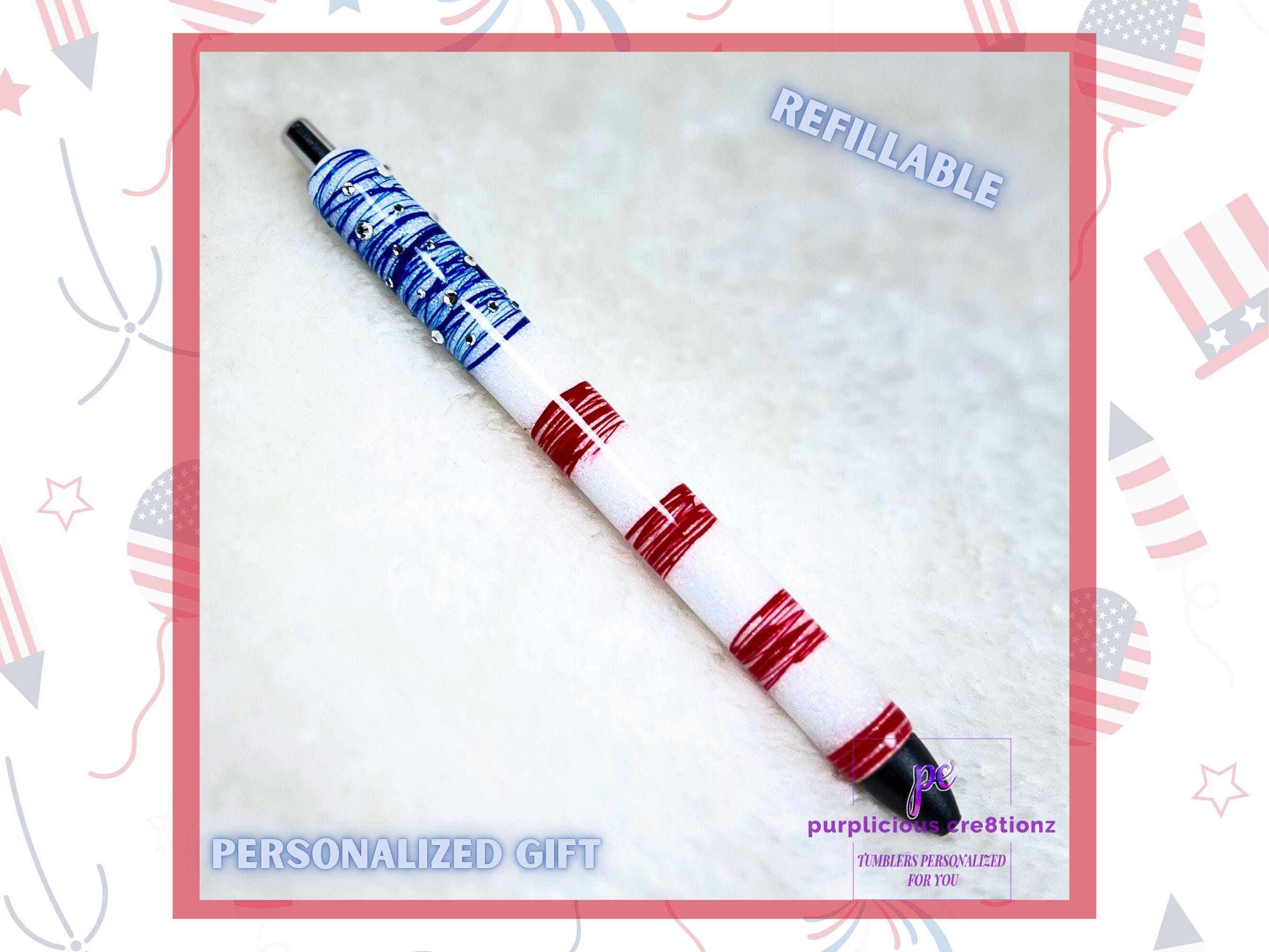 American Flag Glitter Refillable Gel Pen Rhinestone Stars | Personalized Gift | Spider Web Gel design || USA Flag 4th of July Patriotic