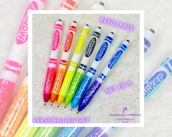 Neon Crayon MARKER Glitter Pens Set of 6  || Glitter Pen || Refillable Gel Pen || Personalized Custom Gifts || Teacher Glitter Pen