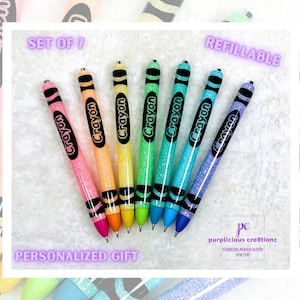 Pastel CRAYON Inspired Glitter Pens Set of 7 || InkJoy Glitter Pen || Refillable Gel Pen || Personalized Gift || Teacher Glitter Pen