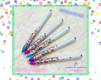 Rainbow Holographic Colors CONFETTI Glitter Refillable Pen | Personalized Custom Gifts Red Blue Green Yellow Orange Pink Purple