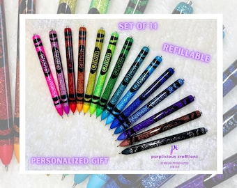 CRAYON Inspired Glitter Pens Set of 14 || Refillable Gel Pen || Personalized Gift Great Teacher Gifts School Pens