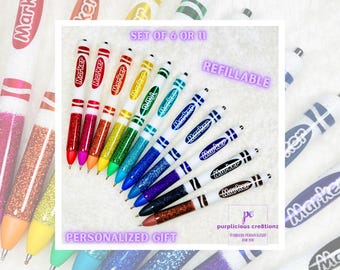 MARKER inspired Crayon Glitter Pen Set(s) of 6 or 11 || Refillable Gel Pen Personalized Gift Great Teacher Gifts School Pens