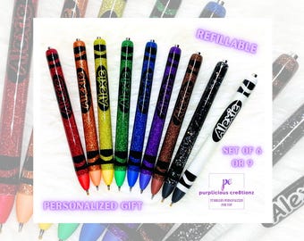 Crayon Inspired Glitter Pen Set(s) of 6 OR 9 | Personalized Custom Gifts Great Teacher Gifts School Pens