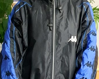 90s Vintage Kappa Oversized Windbreaker Jacket, Retro Black & Blue Streetwear Coat, XL/XXL