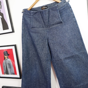 90s vintage, women's denim baggy pants, jean, super wide legs trousers, INSCENE, dark blue, streetwear, big pocket front, M/L, old school