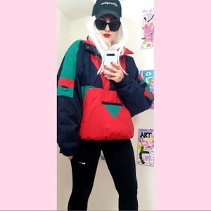80s Vintage Colorblock Puffer Jacket, Retro Streetwear Winter Coat, M/L, UK 10/12
