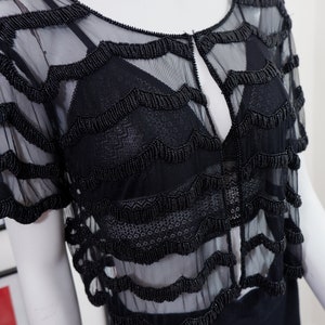 vintage evening bolero jacket, beaded shrug, black, size M/L, short sleeve, wedding guest, front snaps, crop, sheer, crew neckline bolero