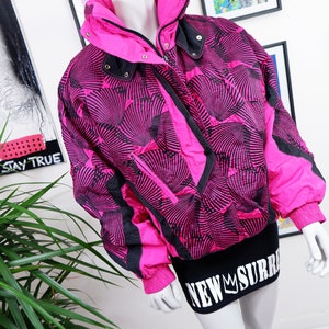 70/80s beautiful, vintage, women&#39;s, pink, black winter jacket, retro puffer coat, old school, size L/XL, snowboarding, ski, mossant paris