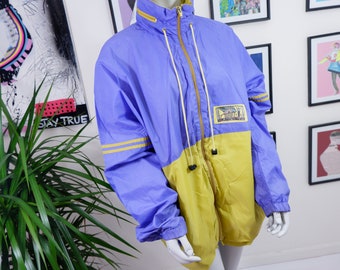 Vintage 90s Color Block Windbreaker: Purple & Yellow Track Jacket (L)