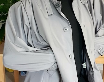 80s Vintage Oversized Trench Coat, Grey Longline Jacket, Minimalist Retro Outerwear, XL/XXL