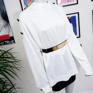 amazing, vintage, women&#39;s high neck white blouse, elegant, black button sleeves, ladies office top, oversized long sleeve blouses, boho