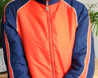 90 Vintage Braun Colorblock Puffer Jacket, Orange & Navy Retro Coat, L, UK 12