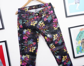 super cute, vintage, women's, girl's pants, slim-fit colourful trousers, tight, floral pattern, straight leg, rainbow, flowers print, size S