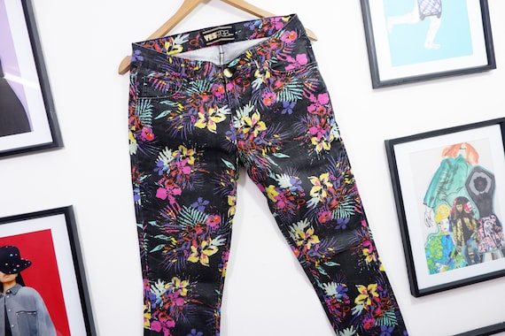 Super Cute, Vintage, Women's, Girl's Pants, Slim-fit Colourful Trousers,  Tight, Floral Pattern, Straight Leg, Rainbow, Flowers Print, Size S 