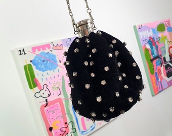 cute, vintage small bag, girl's black bucket bag, silver details, shine zircon, prom, wedding, party handbag, purse, top handle, chain