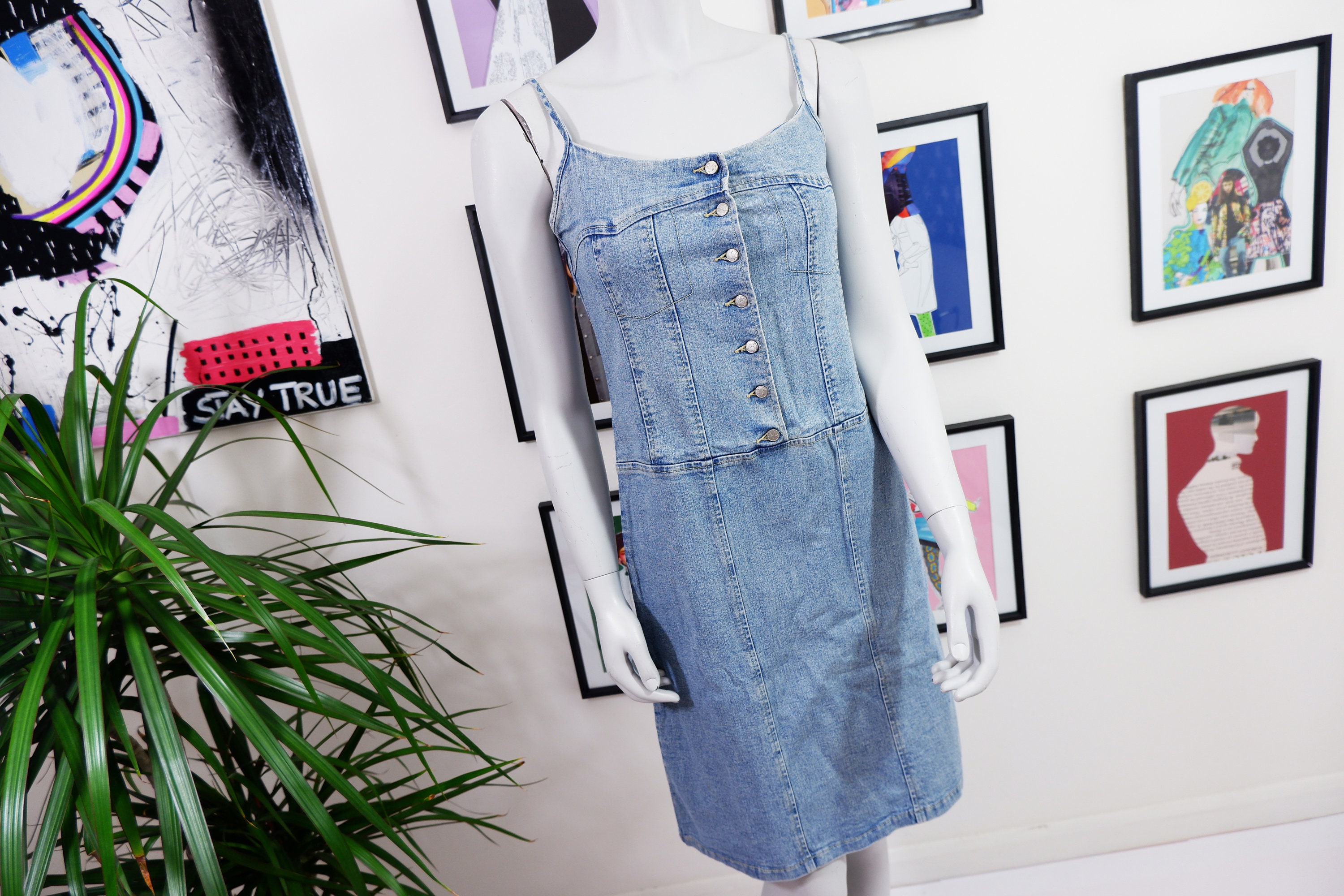 Vintage Women's Summer Jean Denim Dress, Size M, Full Front Buttons ...