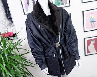 90s Vintage Black Faux Fur Collar Coat - Tie Waist Longline Jacket