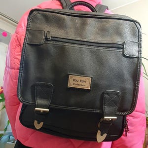 90&#39;s vintage, women&#39;s leather black, big backpack, retro, men&#39;s rucksack, pack, knapsack, school bag, streetwear, front pocket, bookbag