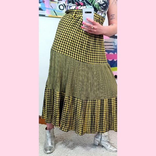 amazing, vintage, women's maxi skirt, checked, yellow, black, circle, gypsy, paneled skirt, UK 10/12, EU M/L, boho, hippie, summer, retro