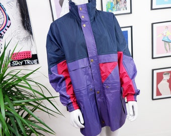 Années 80, super cool, coupe-vent vintage pour femme, taille M/L, violet, rouge, bleu marine, veste à capuche, sweat à capuche pour hommes, poches avant, imperméable, streetwear