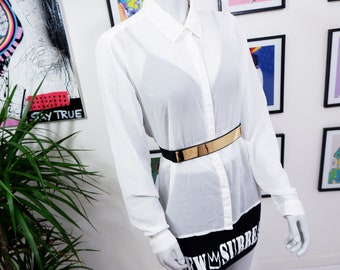 vintage, sheer, women's, long shirt, white, open back, buttons, long sleeve, collared, size XL, summer top, women long, open back blouse