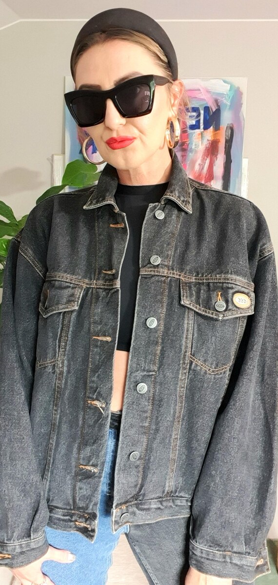90s Vintage Oversized Black Denim Jacket, Retro Grunge Streetwear 