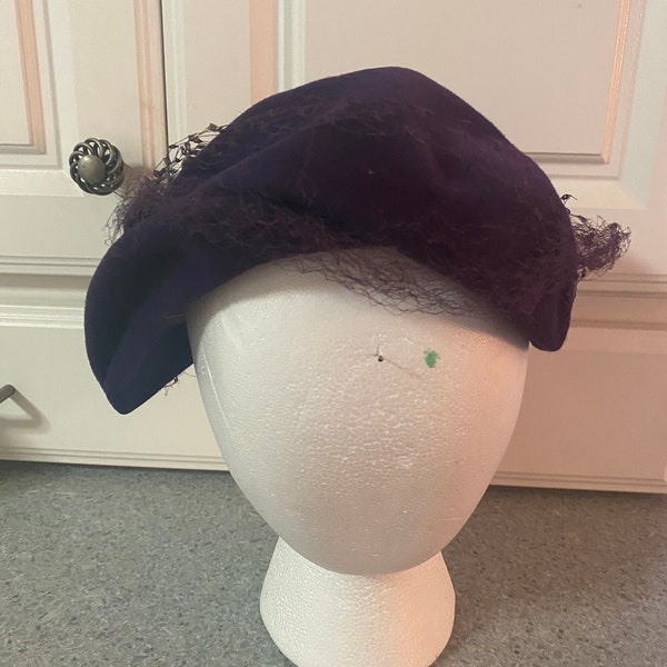 Vintage Henry Pollak Purple Velour Beret with purple netting with rhinestone accent