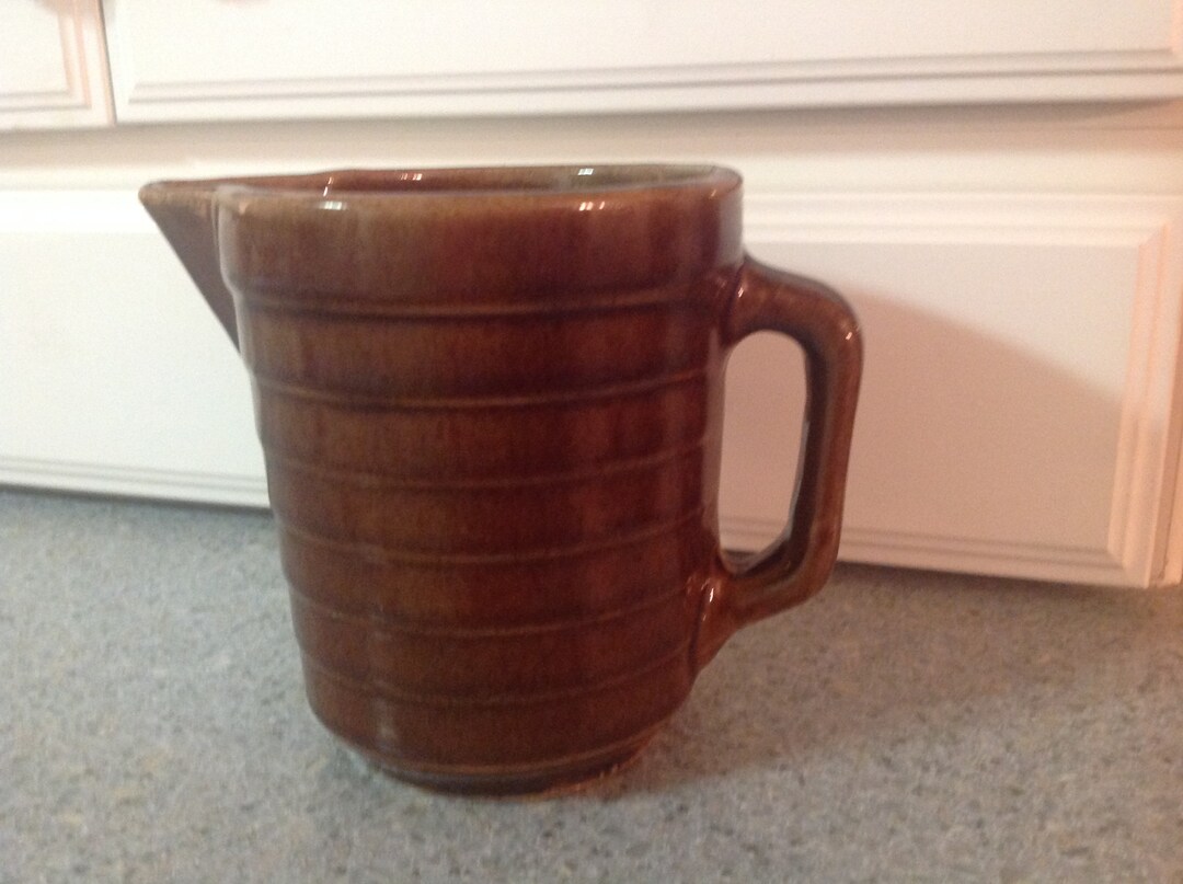 Vintage Brown Ribbed Pottery Pitcher. Buttermilk Pitcher. Glazed