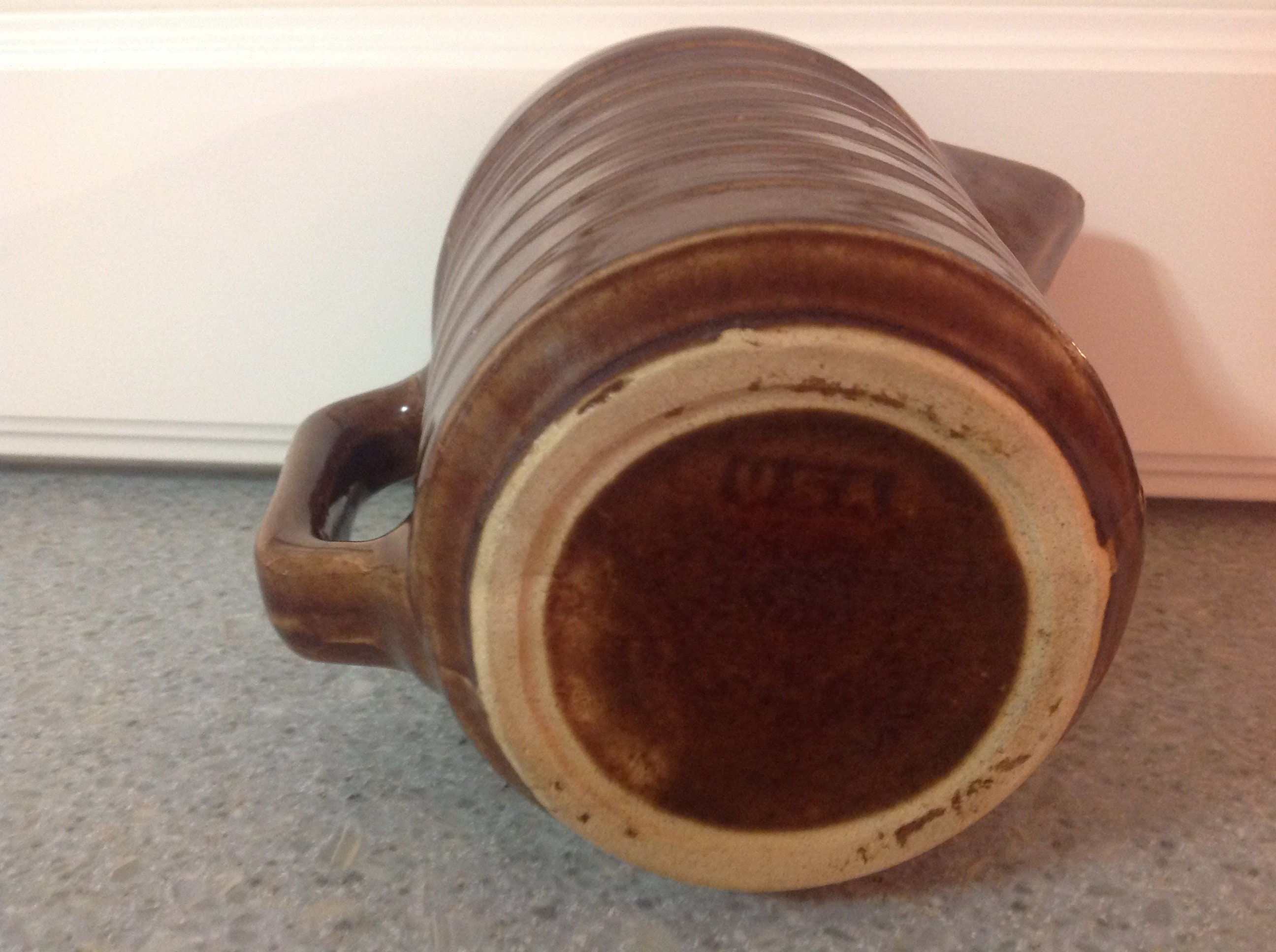 Vintage Brown Ribbed Pottery Pitcher. Buttermilk Pitcher. Glazed