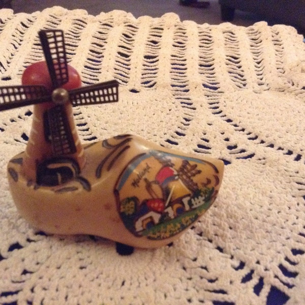 Vintage Holland Wooden Shoe with windmill. Made in Holland. Hand painted. Beautiful artwork miniature