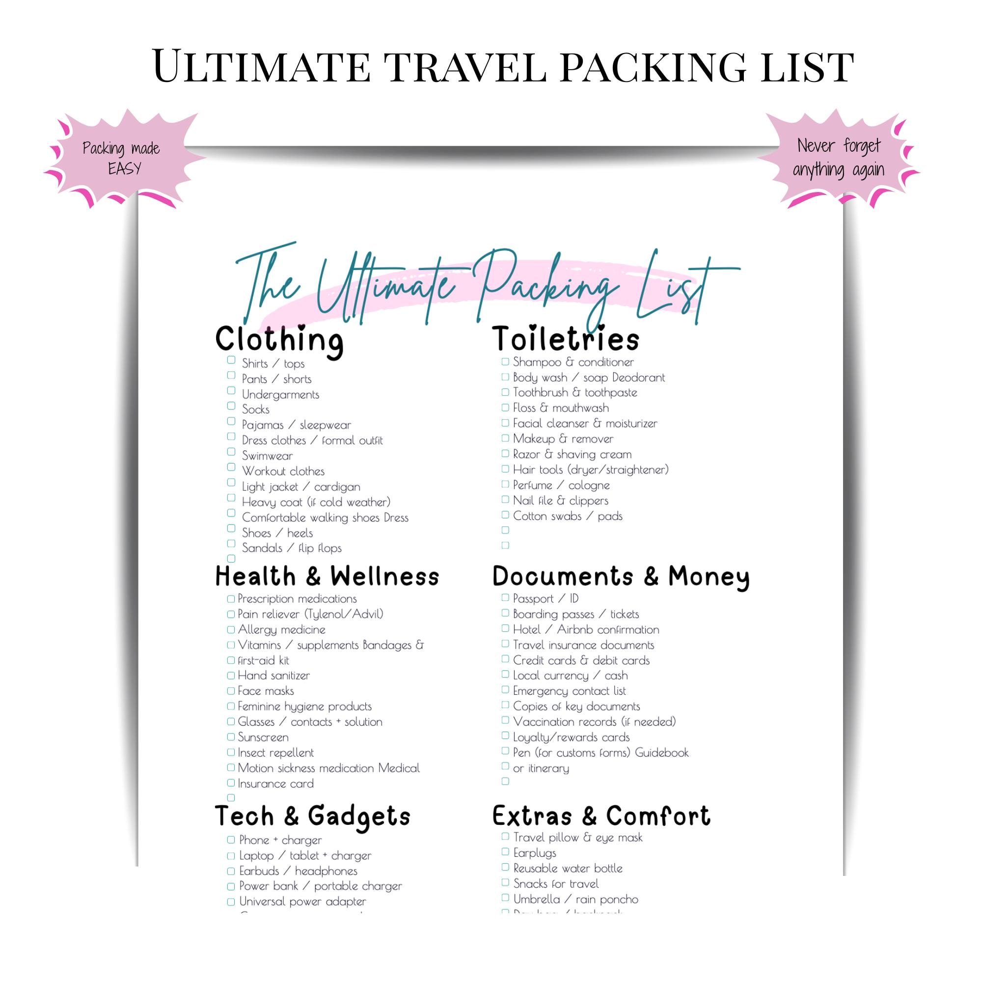 Ultimate Travel Packing List Printable | Travel Checklist PDF | Packing ...