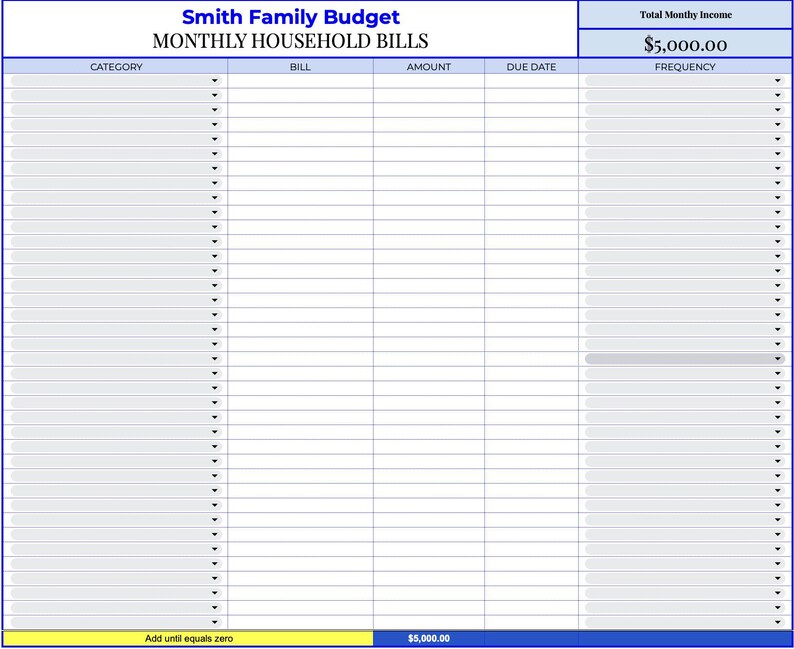 Family Bill Tracker | Budget Spreadsheet Google Sheets | Zero Based ...