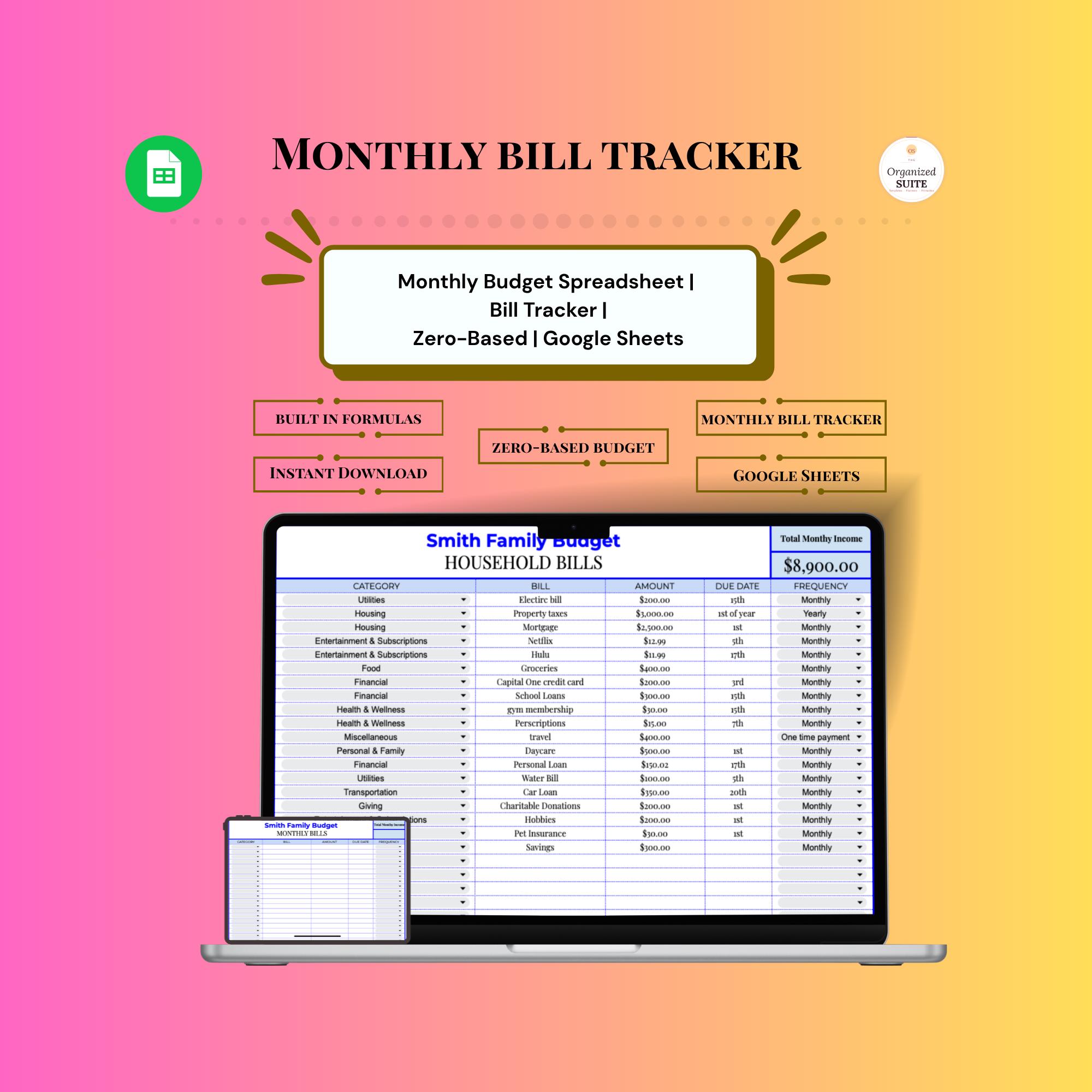 Family Bill Tracker | Budget Spreadsheet Google Sheets | Zero Based ...