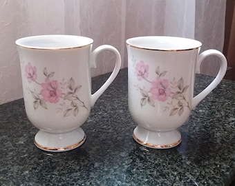 Royal Domino Twilight Rose Pedestal Cups Pair, Vintage Floral Porcelain Mugs