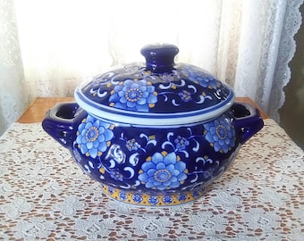 Decorative Tureen with Lid Floral Pattern, Vintage Blue White Yellow Ceramics, Bowl Planter