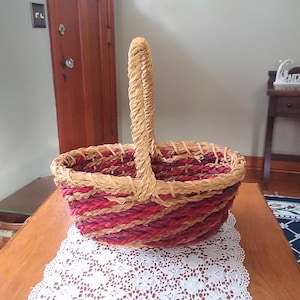 Red and Purple Woven Basket with Top Handle, Vintage Easter Basket, Colorful Weave Basket, Boho Woven Home Decor